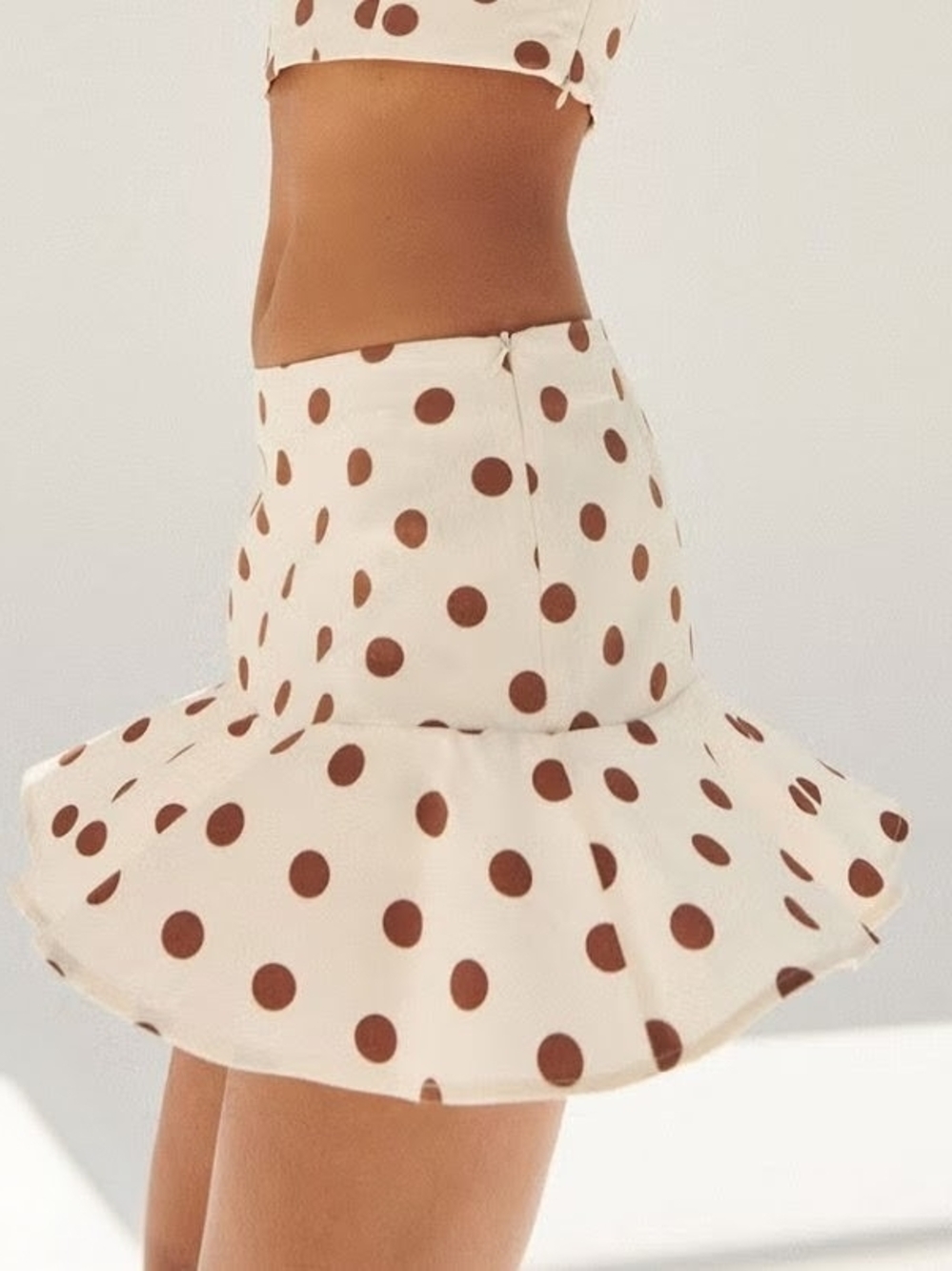 Zara Polka Dot Flared Ruffled Linen Blend Mini Skirt in Cream/Brown - S